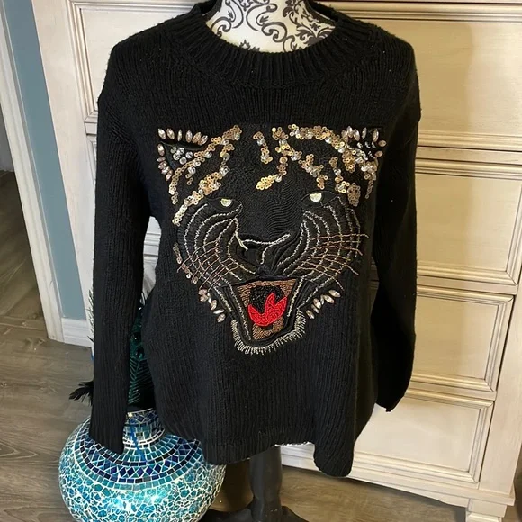 Guess Cyndi bling Tiger Black Sweater - Size Small - Picture 1 of 6